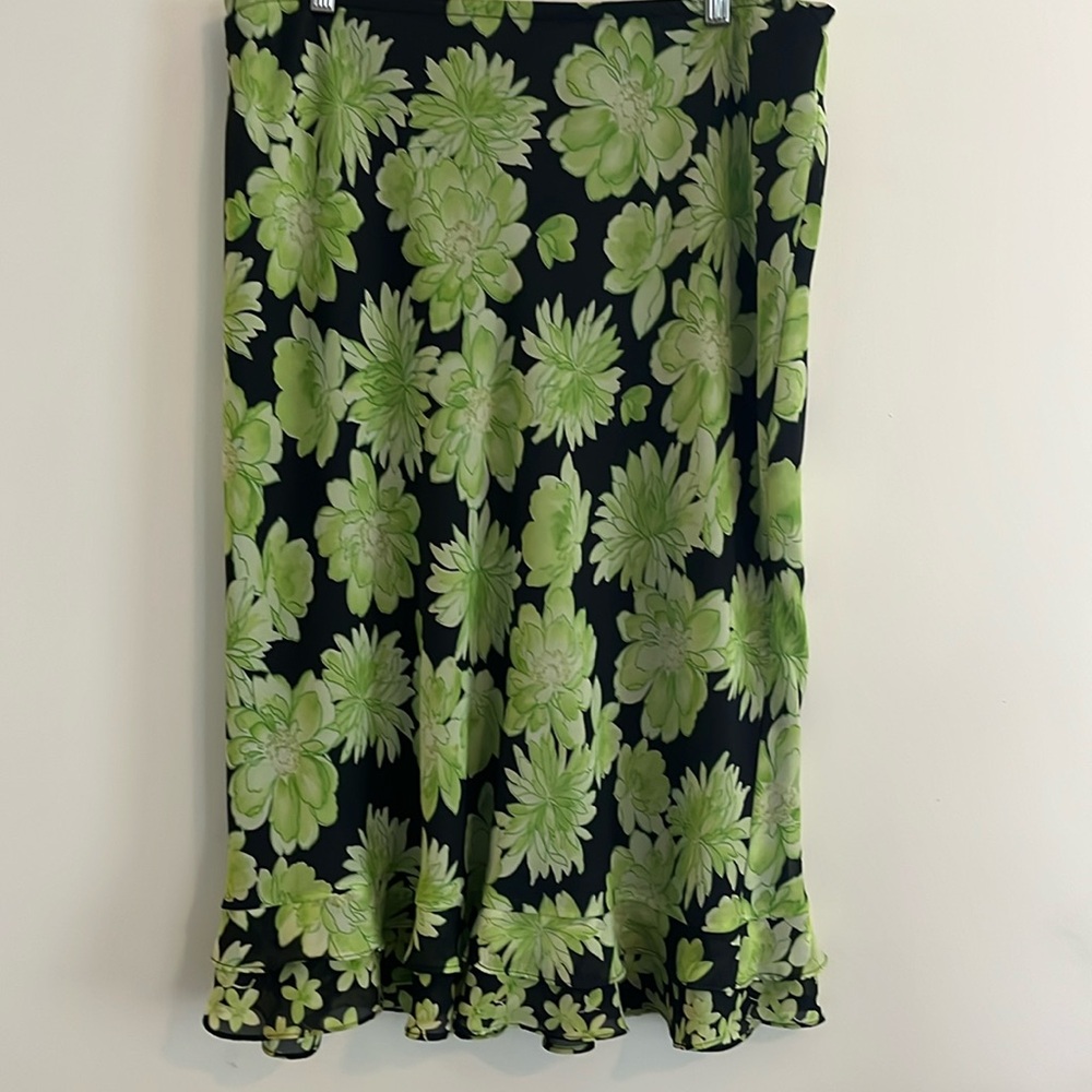 Vintage Floral Chiffon Skirt Line Green Black Ruffle y2k 2000s Midi‎ 14 Summer